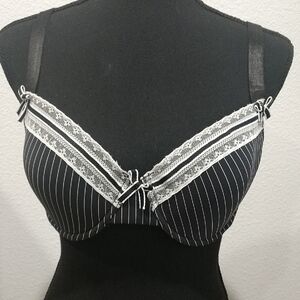 Chic Black and White Pinstripe Lace Bra